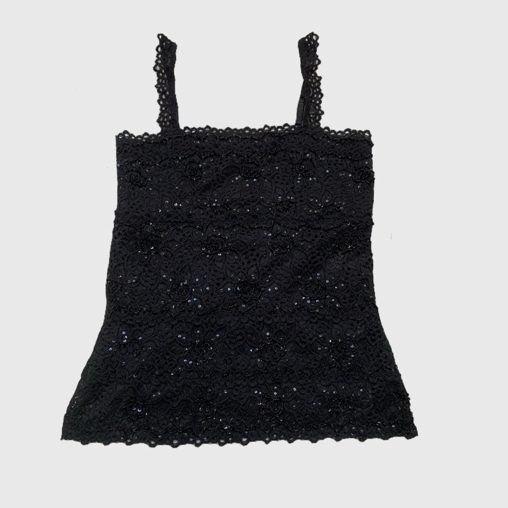 Le Chateau Y2K Black Lace Sequin Straight Neckline Tank Top Size M